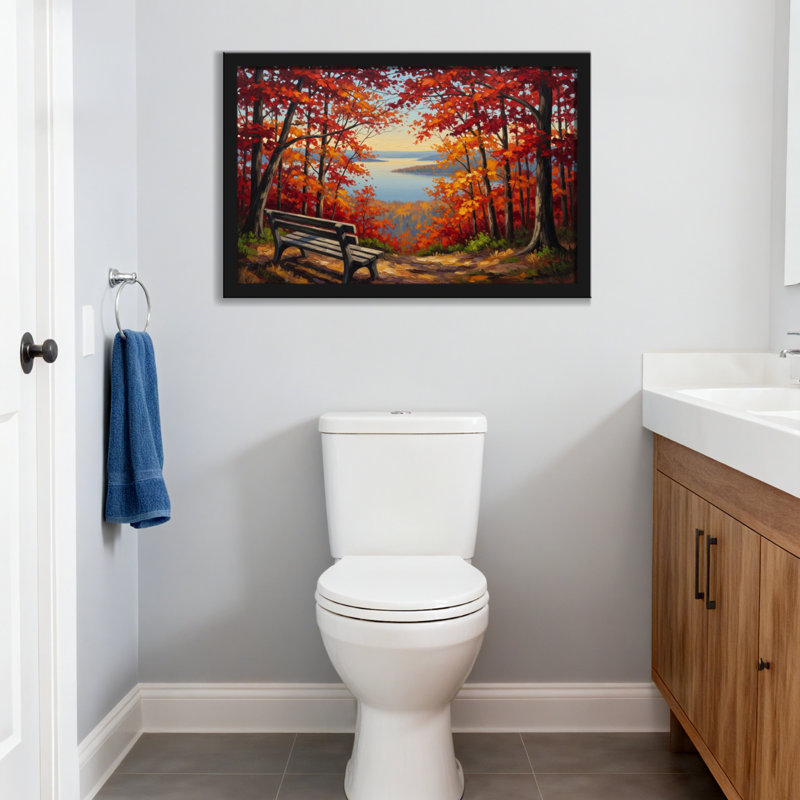 Plantes et fleurs, forêt d'automne, banc, vue sur le lac, peinture, H 20 po x l 30 po, Toile tendue, Ne s’applique pas