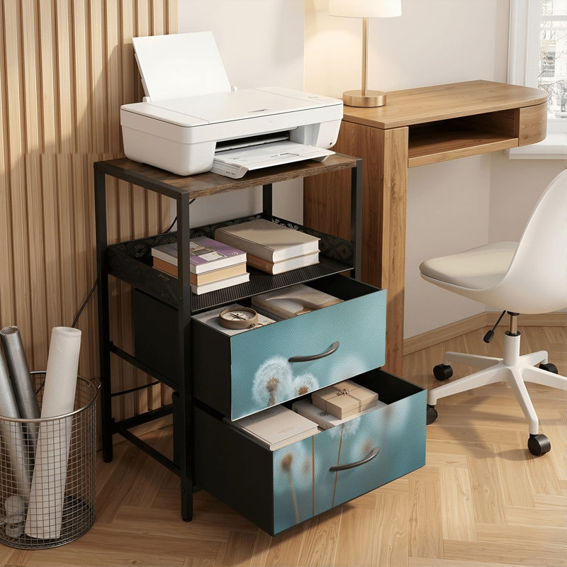 Table de chevet 2 tiroirs avec station de charge, table de chevet pour chambre à coucher avec ports USB, tablette ouverte noire, table de chevet avec délicat pissenlit blanc délavé