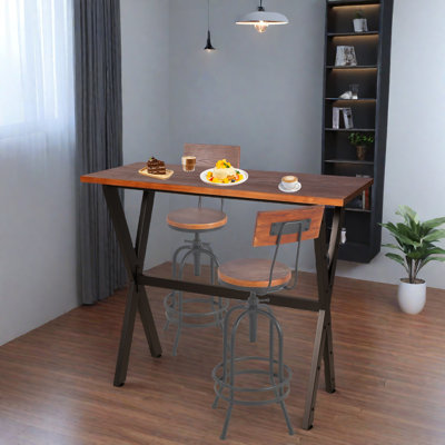 Ensemble de 3, ensemble de table et de chaises, mobilier peu encombrant pour la maison, salle à manger, café, pub, métal industriel et bois brun rustique, robuste, table rectangulaire à pieds en X, 2 tabourets de bar pivotants réglables