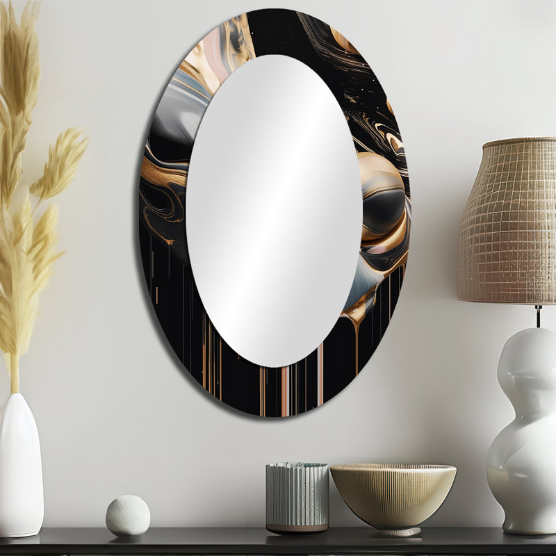 Gold And Black Marble Mirage V - Abstract Oval Decorative Mirror On Metal, 36" x 24"