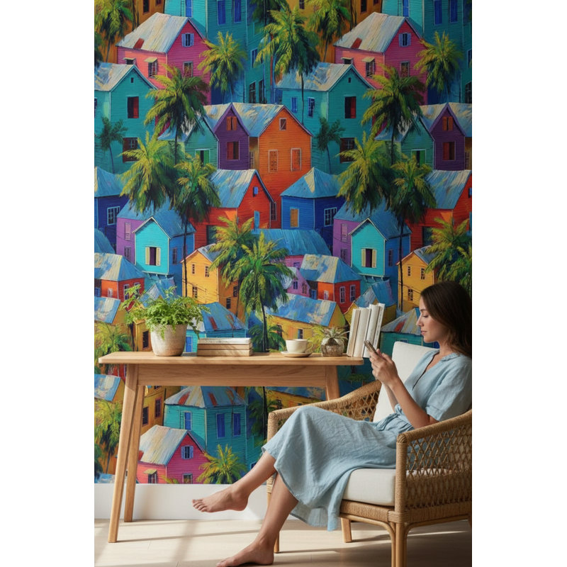 Murales tropicales avec papier peint maisons colorées