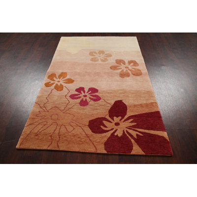 Tapis orange en laine noué à la main de conception unique 4 pi x 6 pi 2 po New Age