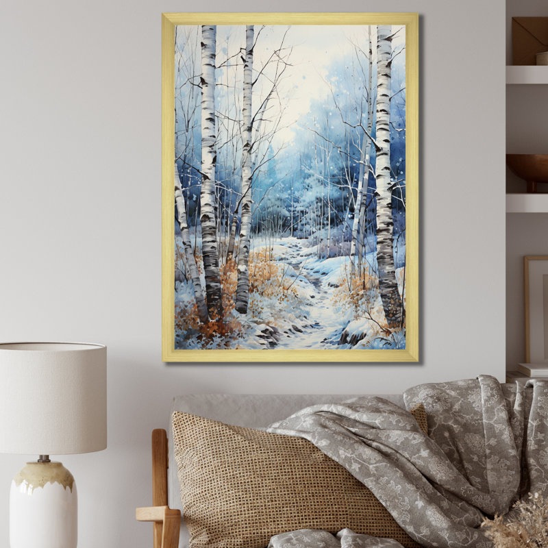 Virgus Birch Woods Winter Moonrise III, Encadrement doré, H 32 po x l 24 po x P 1 po