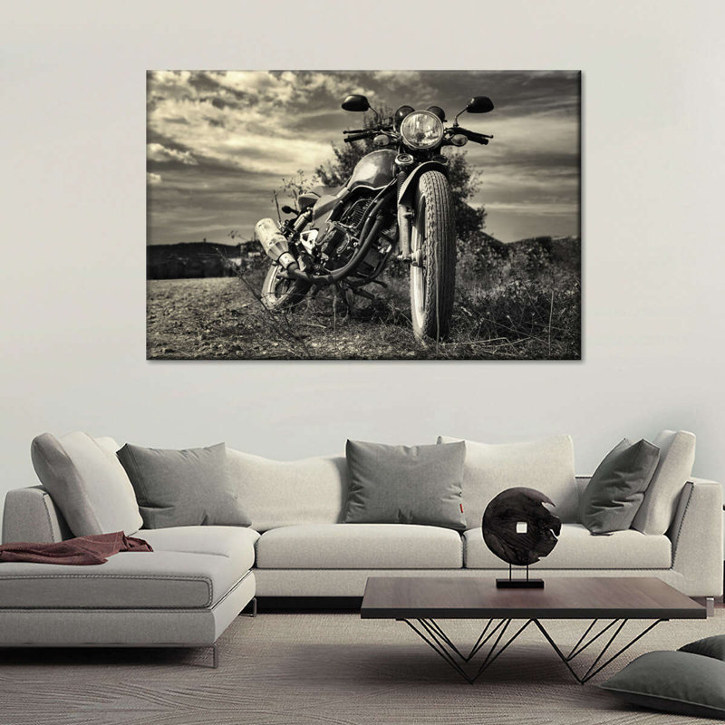 Motocyclette d'extérieur rétro sur toile, H 20 po x l 30 po x P 1,25 po