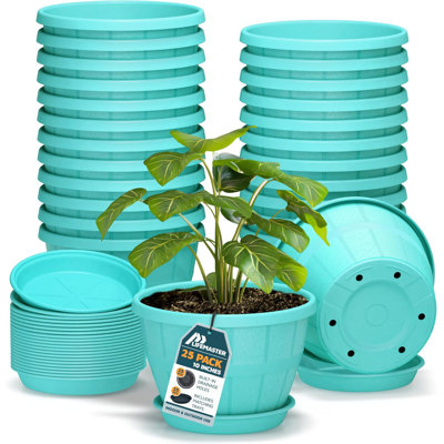 10-Inch Whiskey Barrel Planters Outdoor Pack of 25 - Durable Plastic Plant Pots for Indoor & Outdoor Use with Drainage & Saucer, Lightweight Rustic Barrel Planters for Flowers, Herbs & Small Plants