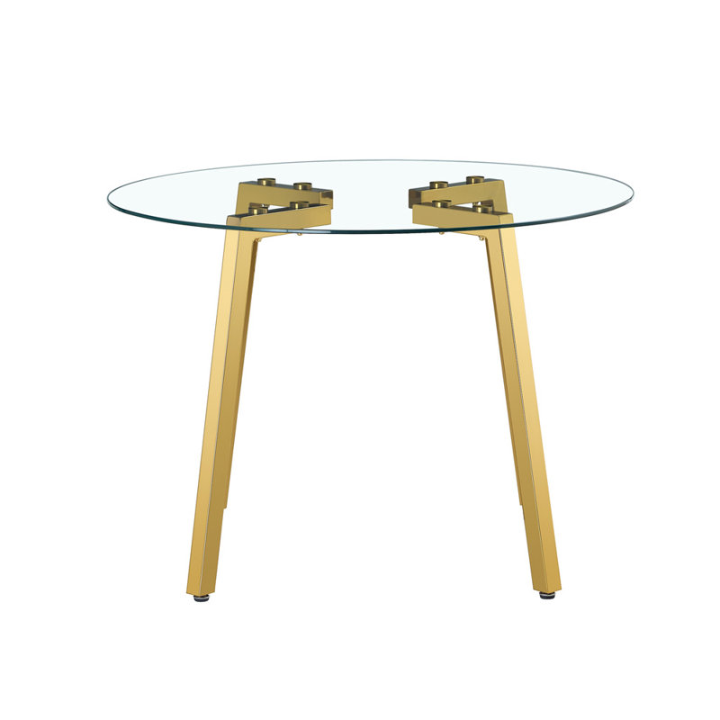 Modern Round Clear Tempered Glass Dining Table, Gold, 29.5'' H x 40" W x 40" D