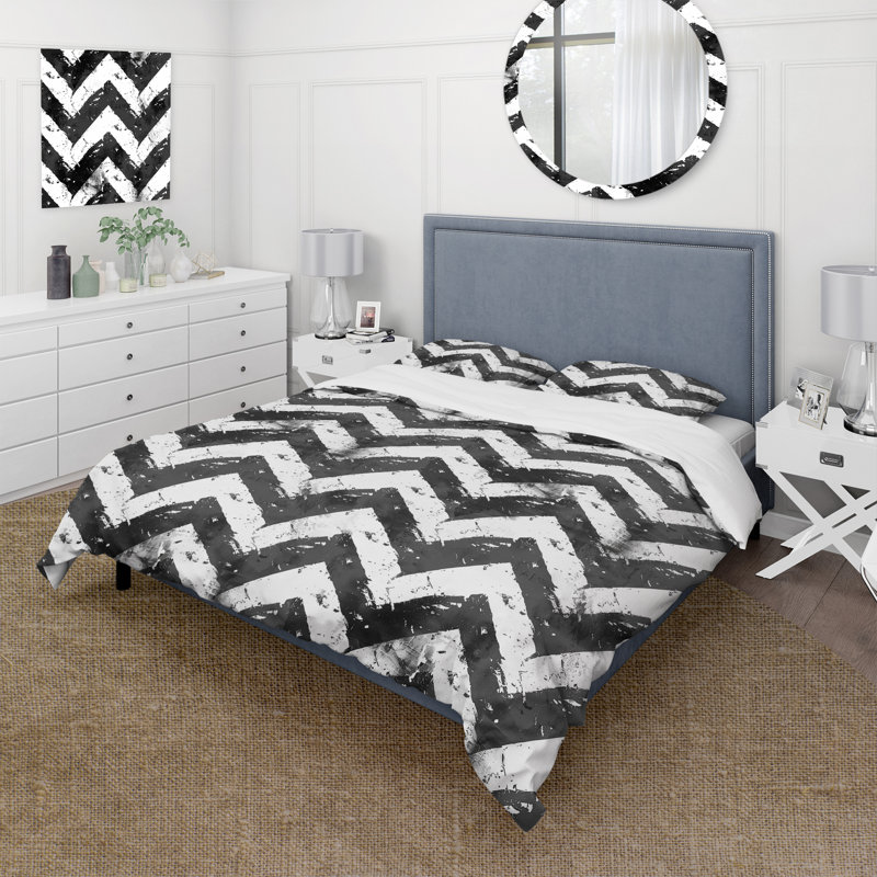 Ensemble de housse de couette noir et blanc Midcentury Chevron Print III - Midcentury