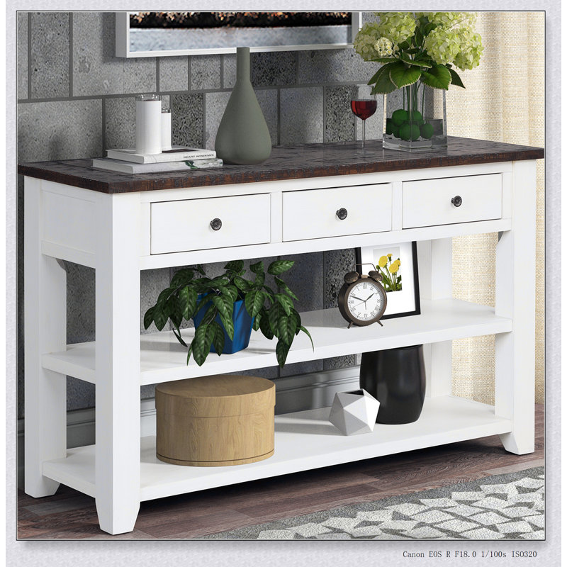 Console American Vintage - 3 tiroirs et tablette inférieure - Bois vieilli, pin massif, style rétro, Blanc antique