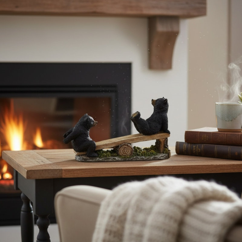 Bear Seesaw Playful Woodland Polyresin Decorative Figurine Accent