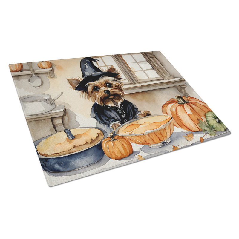 Yorkie Fall Kitchen Pumpkins Glass Cutting Board Large
