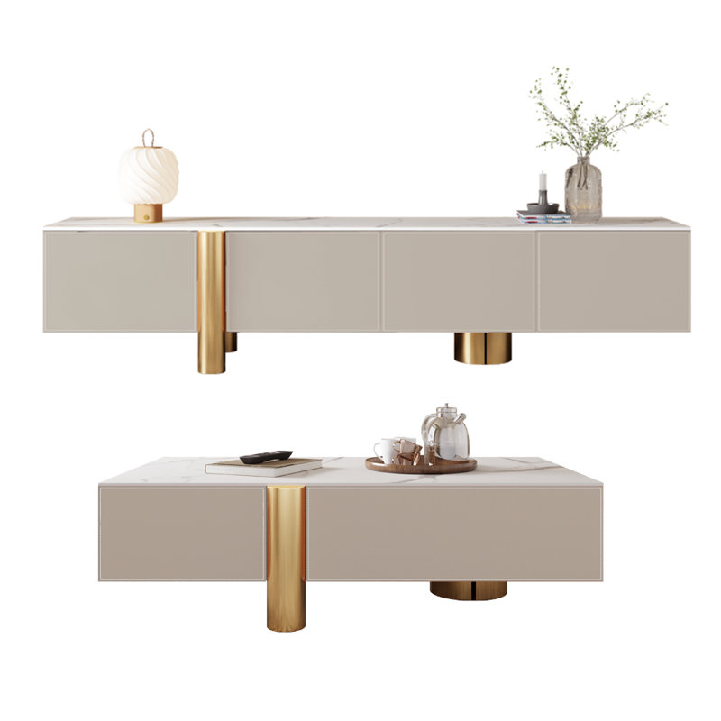 Meuble télé et table basse de luxe léger, Or/beige