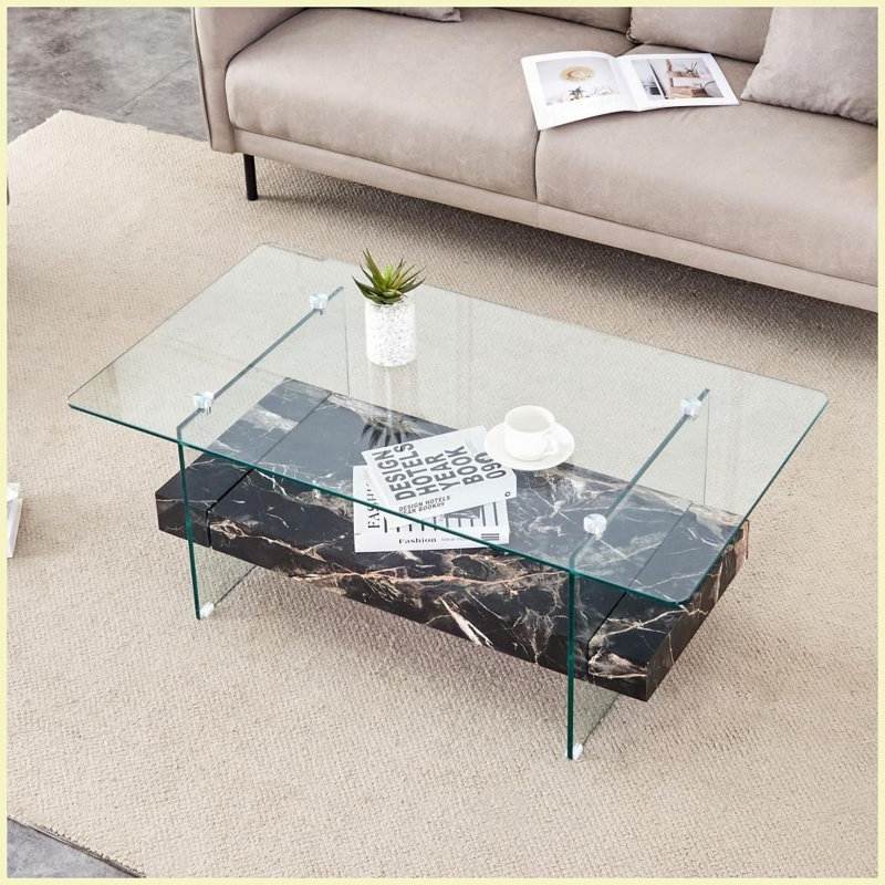 Table basse moderne à deux niveaux de 43,3 pouces: verre transparent et amp; Marbre noir, peu encombrant pour les salons contemporains, assemblage facile