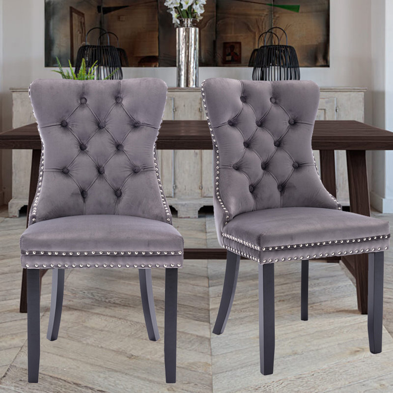 Tufted Velvet Wing Back Side Dining Chairs, Black, Gray