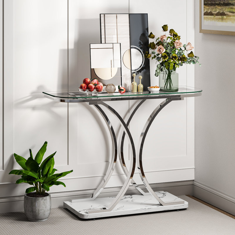 Console en verre trempé Balsam avec base géométrique, table d'entrée moderne pour le salon, couloir, Chrome