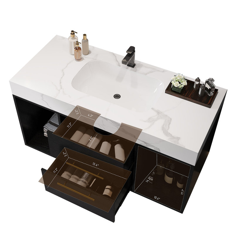 Meuble-lavabo 39,4 po avec lavabo en céramique, meuble-lavabo flottant, armoire de rangement murale avec 2 tiroirs et 2 espaces de rangement, meuble-lavabo moderne avec poignées en métal