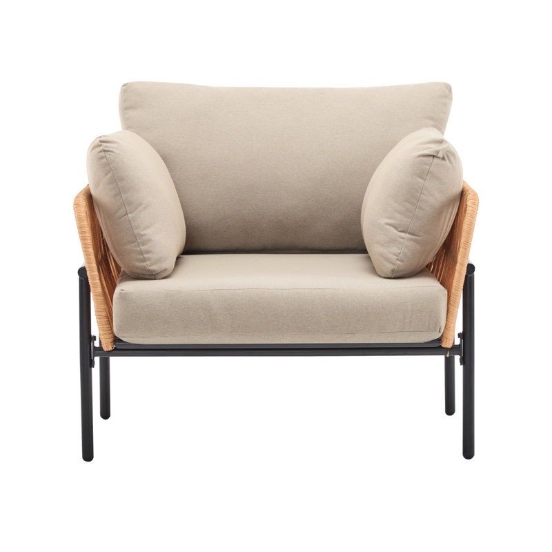 36" Wood-Tone Rope Lounge Chair With Relaxing Beige Back And Seat Cushions, Beige/Natural