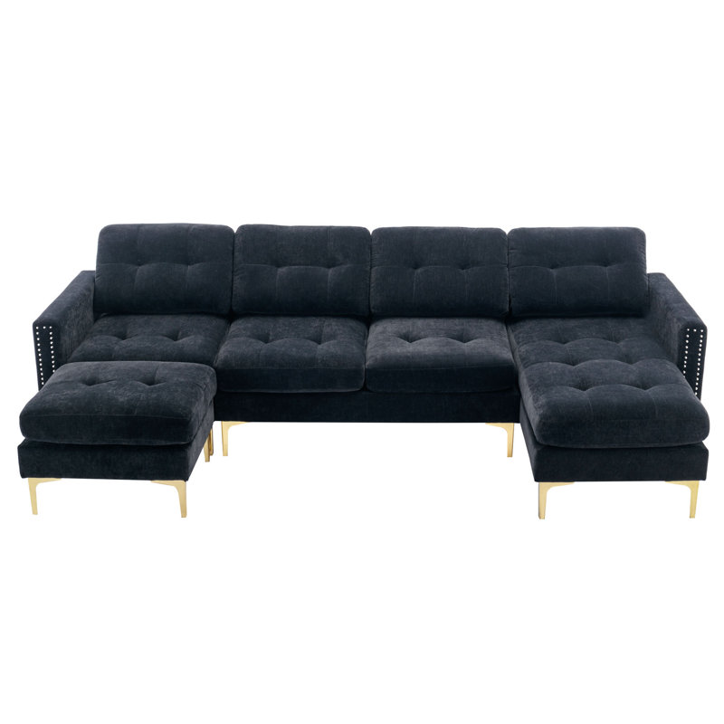Jiuliana Upholstered Sectional Reversible, Black Velvet, Gold