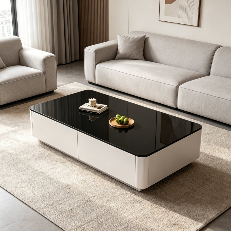 Table basse moderne en verre trempé avec rangement, H 14,17 po x l 55,11 po x P 23,62 po