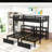 Full XL Over Twin & Twin Triple Bunk Bed with Drawers and Shelves