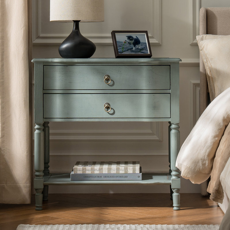  Sessoms Transitional 30"W Solid Wood 2-Drawer End Table with Built-in Charging Station, Blue