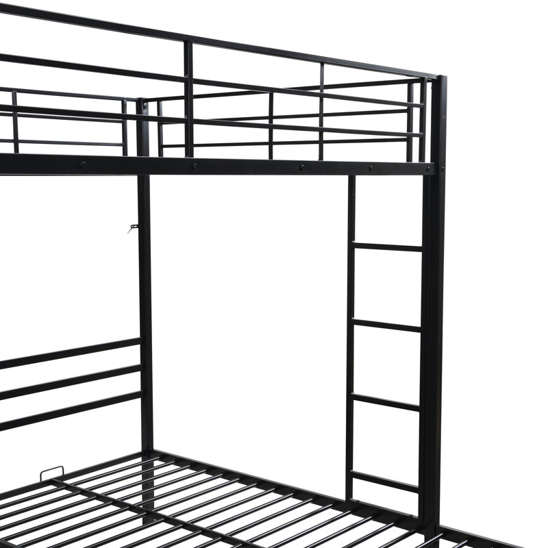 Lit superposé double au-dessus de simple avec structure en métal, vertical, rails à quatre côtés et tablette pour ranger les ceintures