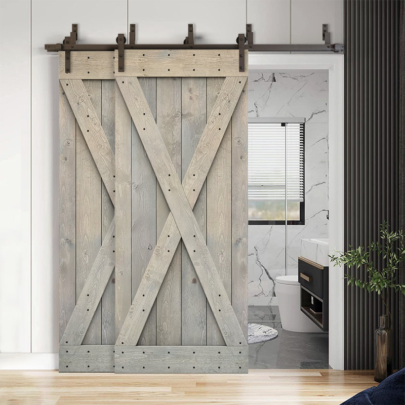 Porte de grange double à panneaux en bois teinté à panneau avec ensemble de quincaillerie coulissante, 76 po x 84 po