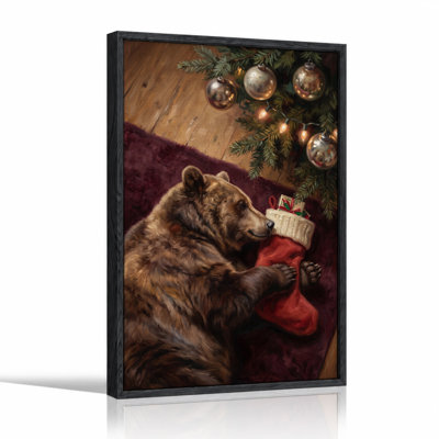 Art mural sur toile de Noël ours brun avec bas rouges et ornements