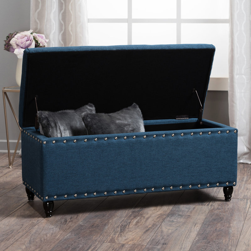 Tissu bleu marine avec pieds en bouleau brun foncé pour coffre de rangement de l 42,11 po x P 18,76 po et H 18,76 po