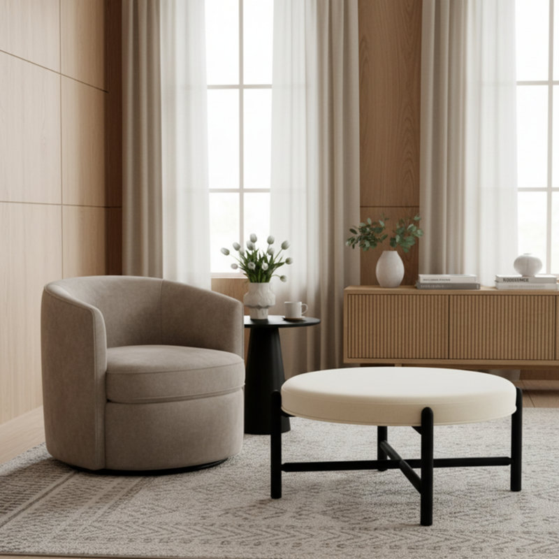 Vane 36" Round Ottoman, Cream, Black