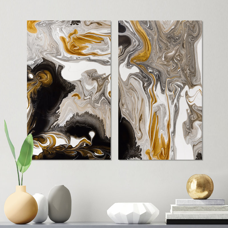 Vagues de marbre doré et noir II - ensemble d'art moderne de 2 pièces, H 32 po x l 32 po x P 1 po