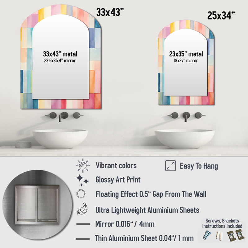 Midcentury pastel color cubes I - Geometric Asymmetrical Large Mirror, Modern Arch Unique Wall Mirror Decor, Printed Metal Art