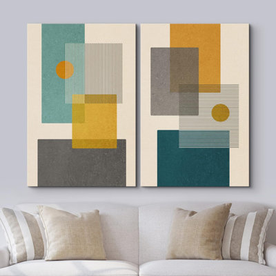 Abstract Vibrant Color Blocks " Mid-Century Green And Yellow Polygon Collage Abstract Shapes Modern " 2 - Pieces