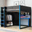Lit mezzanine double avec garde-robe intégrée, ports USB, bureau, tablettes de rangement et lumières DEL sous le bureau, noir et bleu