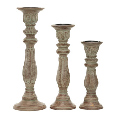 Mango Wood Decorative Brown Candle Holder Set