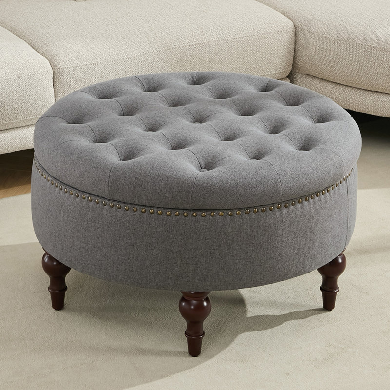 Ellersick Versatile Round Water-Resistant Linen Upholstered Storage Ottoman, Gray