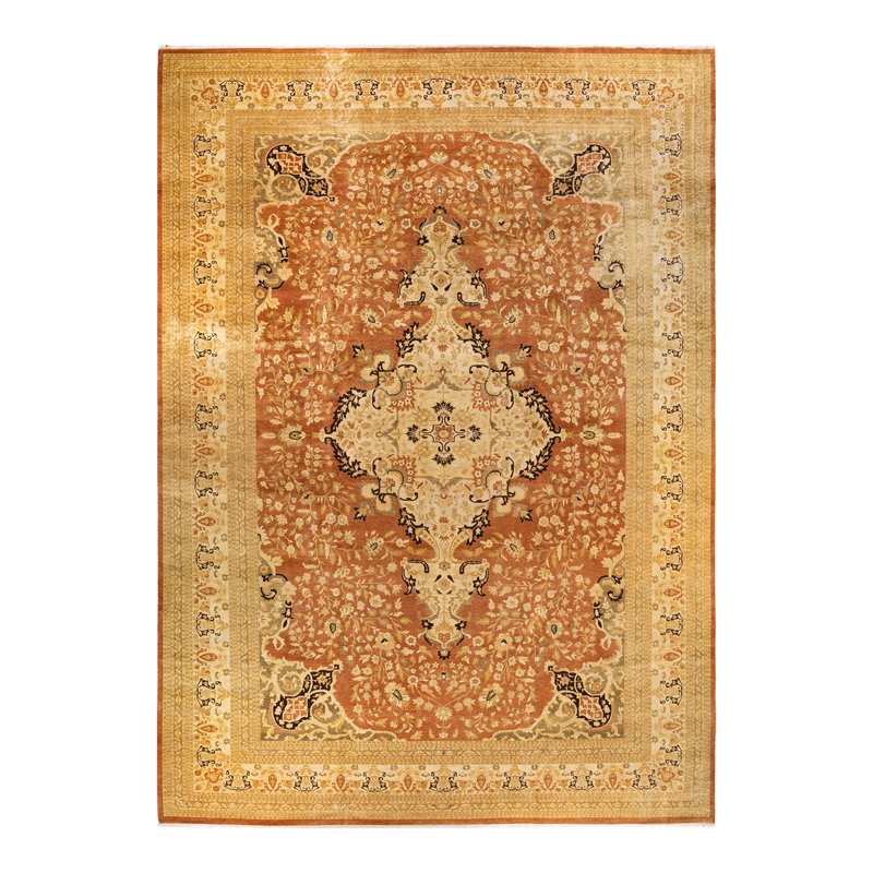 Tapis brun / beige / noir noué à la main de conception unique 12 pi 3 po x 17 pi 8 po Urina Mogul