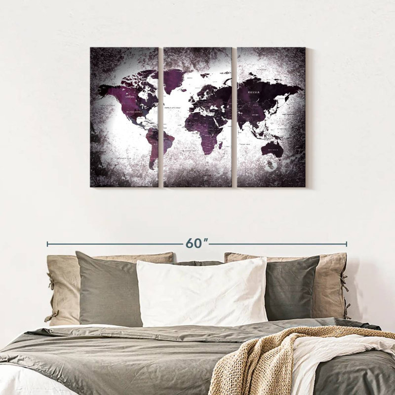 «Aged World Map XL» sur toile par 3 pièces par Finnian P, H 45 po x l 28 po x P 1,25 po