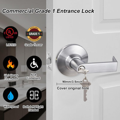 Grade 1 Commercial Door Entry Lock，with ADA ，UL Listed, 3-Hour Fire Rated Tested and Door Lever 1000000 Times Duariblity Turn Test, Satin Chrome Finish