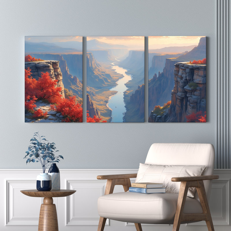 Tableau sur toile tendue représentant un paysage de canyon d'automne (ensemble de 3), H 24 po x l 48 po