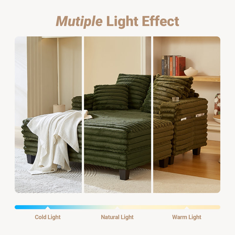 Chaise Lounge Chair Indoor, Amsleekey 64" Oversized Sleeper Chair With Wood Frame, Upholstered Sofa Bed For Living Room, Movie Room, Bedroom With 4 Storage Pockets& 2 Cup Holders(Plush Corduroy, Green)