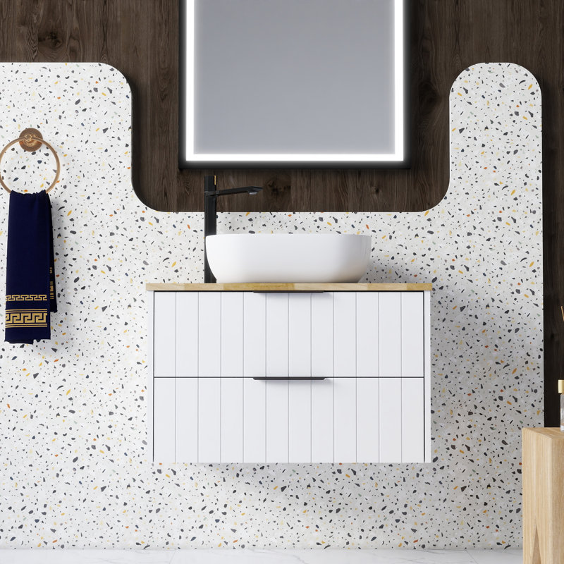 Meuble-lavabo mural 32 po à double tiroir, armoire blanche + plateau en bois massif naturel, lavabo carré en céramique, design minimaliste moderne, alliant fonctionnalité et style