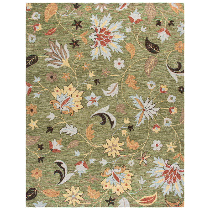 Jardin Handtufted Wool Cotton Floral Rug in Green/Blue, Rectangle 8" x 10"