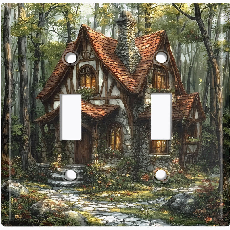 Couvercle de plaque d'interrupteur en métal; Bascule standard à 2 bandes US - chalet de forêt, Double # 2