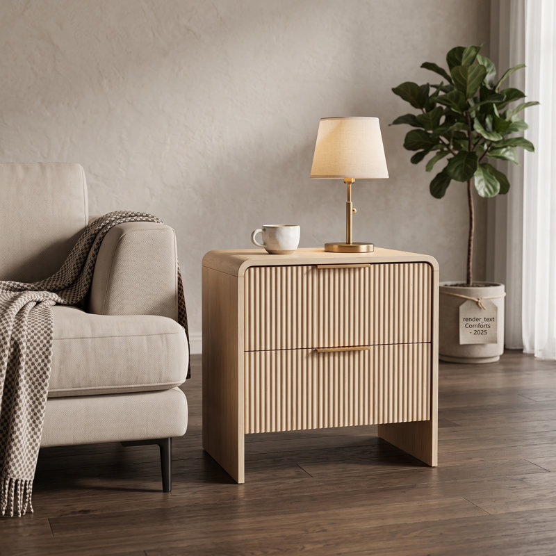 Arcen 22"W Nightstand with 2-Drawer and Fluted Texture (Set of 2), Set of 2, Natural Oak