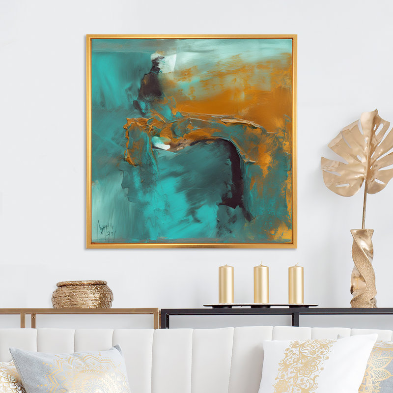 «Becoming the Ocean Sun» abstrait bleu sarcelle et or - reproduction d'art sur toile, 24" H x 24" W, Cadre flottant doré