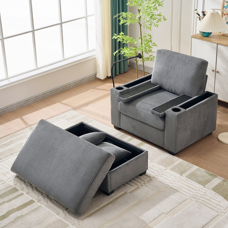 Corduroy Upholstered Oversized Chaise Lounge Chair with Ottoman,with Cup Holder,Mobile Phone Stand&USB Charging Port, Gray