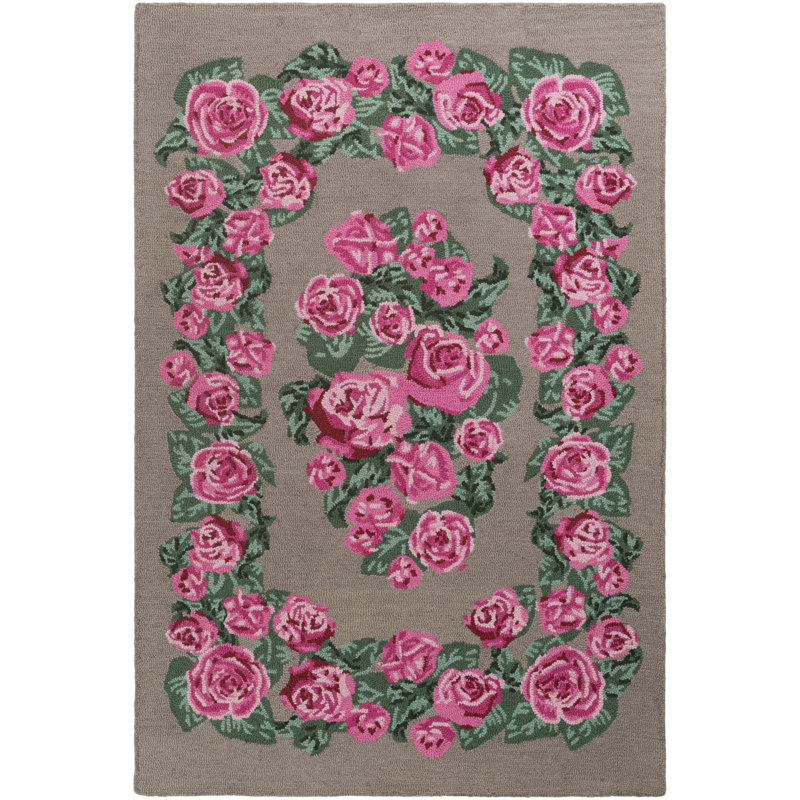 Tapis gris / rose / vert en laine touffeté à la main Sandidge, Rectangle 9 pi x 13 pi