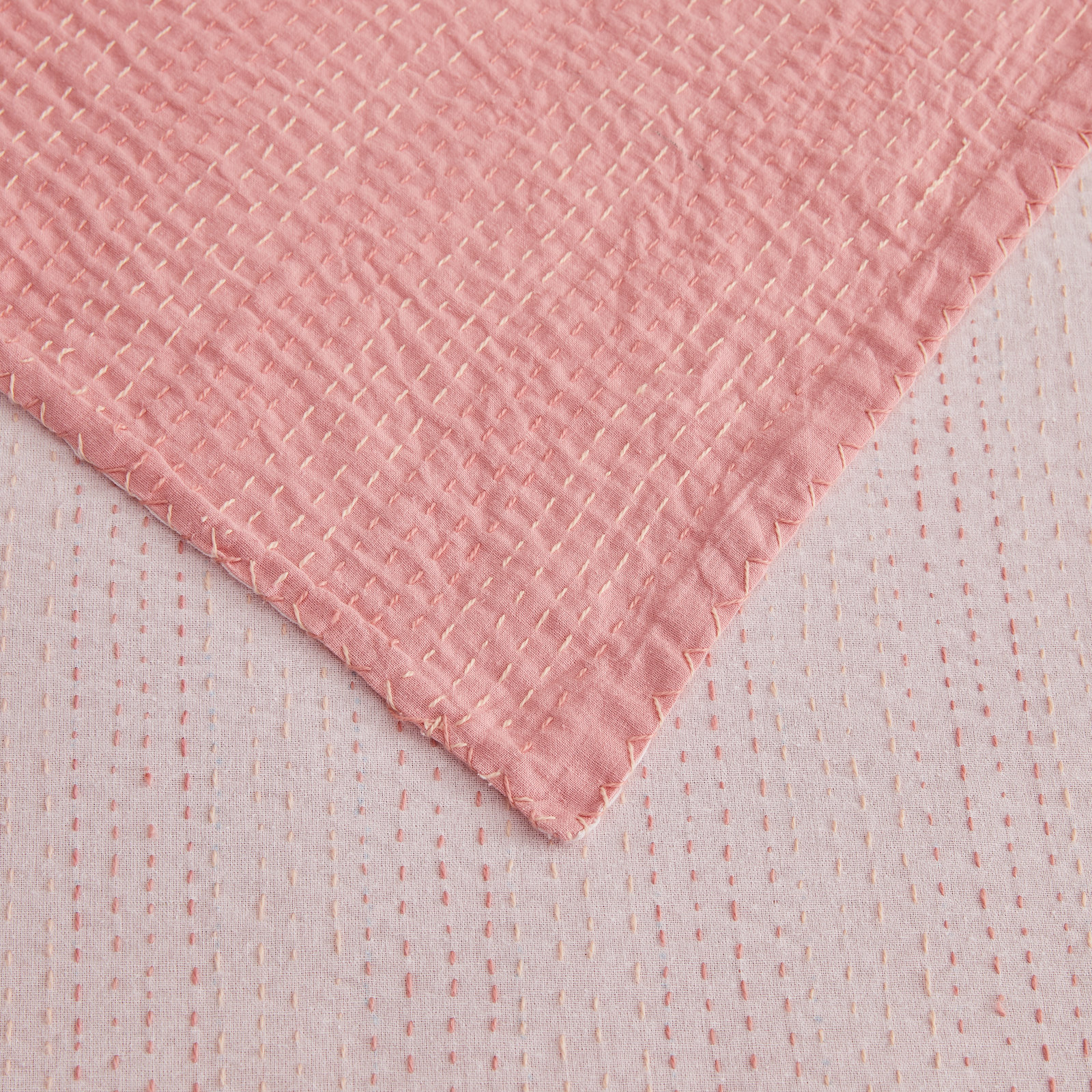 Soild Kantha Cotton Coverlet Set, Queen Coverlet, Pink