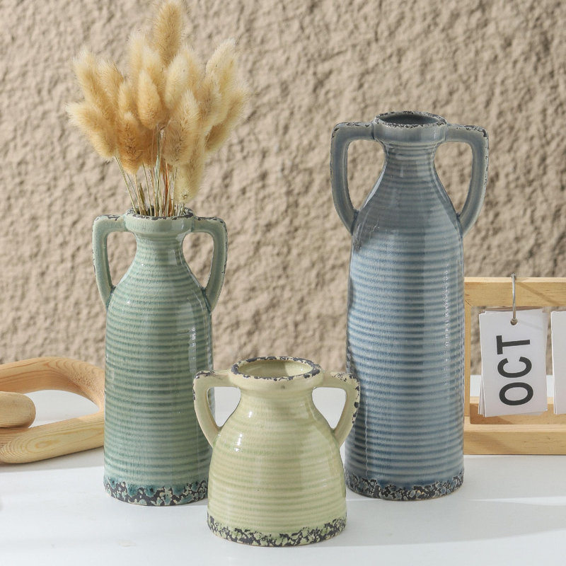 Ensemble de 3 vases en céramique avec poignées - ensemble de vases de style campagnard pour la décoration moderne