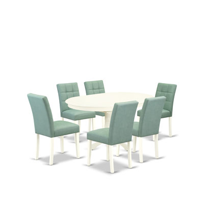 L'ensemble de table de salle à manger 7 pièces contient une table de cuisine et 6 chaises de salle à manger en polyester vert saule, blanc lin